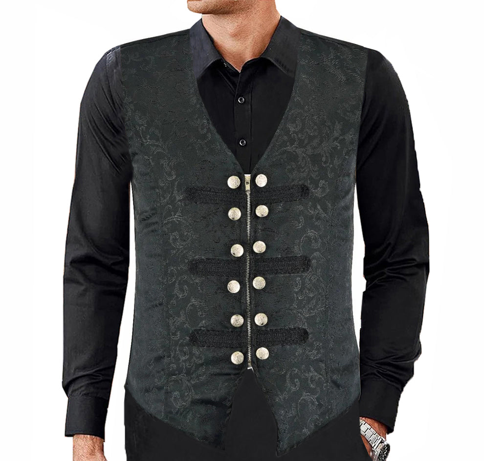 MEN'S BLACK BROCADE TAILORED VICTORIAN SINGLE BREASTED WAIST COAT VEST USA