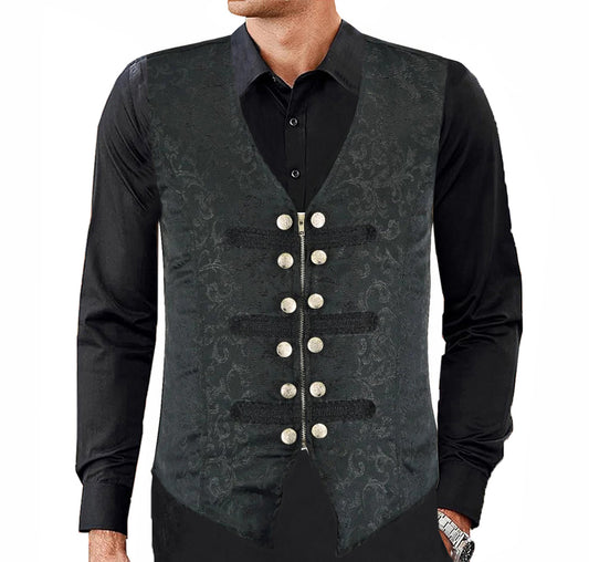 MEN'S BLACK BROCADE TAILORED VICTORIAN SINGLE BREASTED WAIST COAT VEST USA