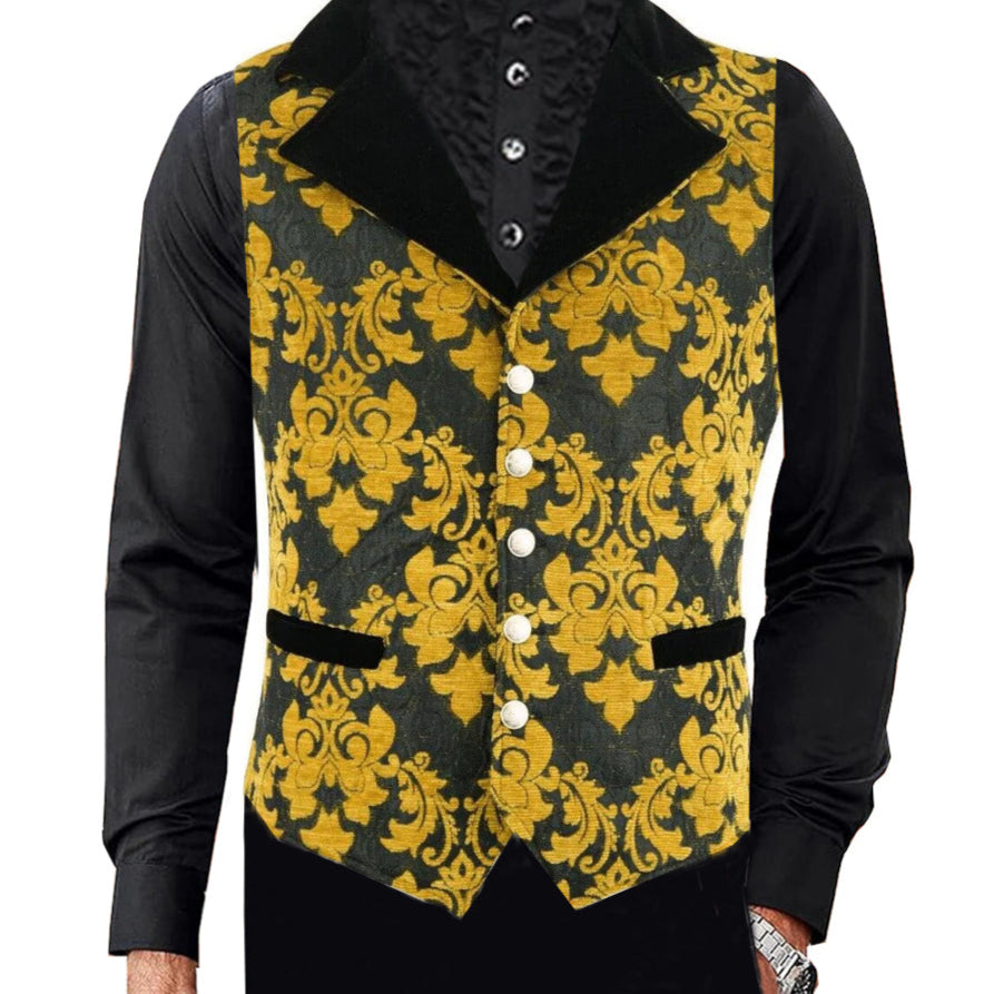 MEN'S MONARCH VEST BLACK & GOLD VICTORIAN SINGLE BREASTED WAISTCOAT VEST