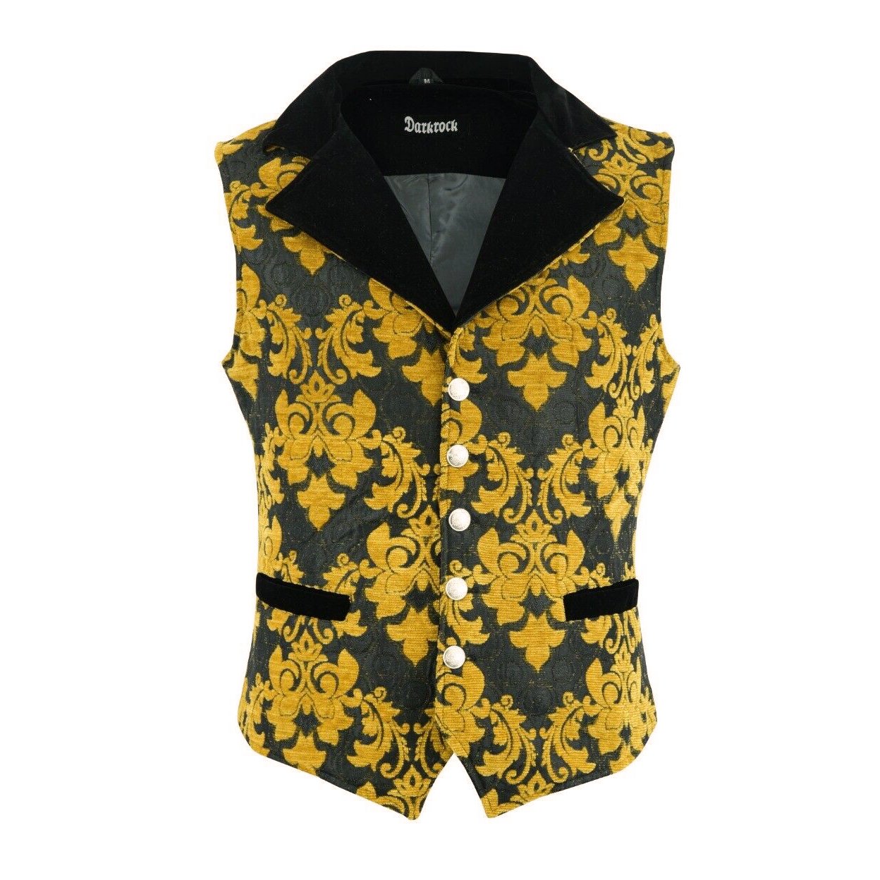 DARKROCK MEN'S MONARCH VEST BLACK & GOLD VICTORIAN SINGLE BREASTED WAISTCOAT VEST (front)