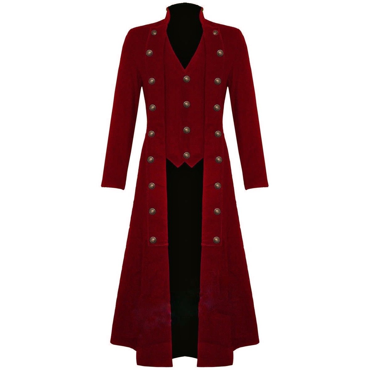 Men's Red Cotton Twill Steampunk Jacket Goth Victorian/Military Style Trench Coat