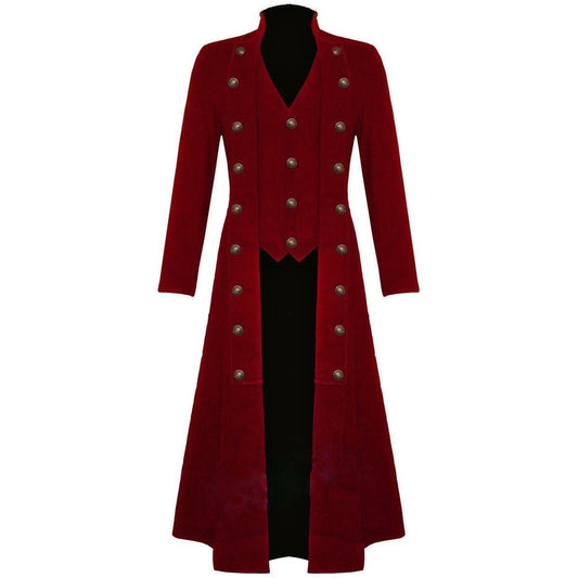 Men's Red Cotton Twill Steampunk Jacket Goth Victorian/Military Style Trench Coat