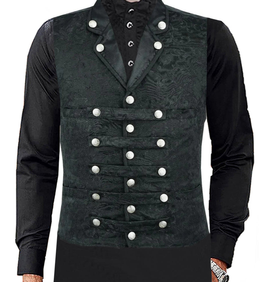 Men's Victorian Steampunk Captain Black Brocade Waistcoat Gentleman Vest