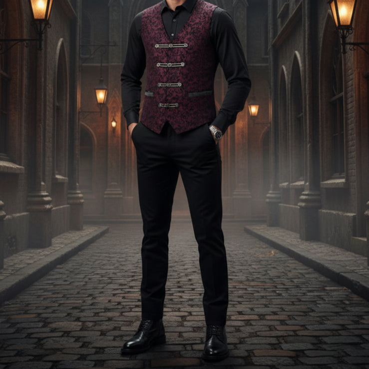 Premium Men’s Vest Waistcoat Maroon Damask Velvet Goth Steampunk VTG/Brocade Vest
