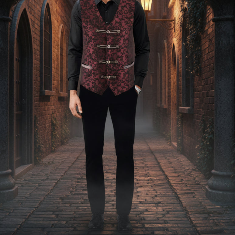 Premium Extreme Quality Men's Vest Waistcoat Red Damask Velvet Goth Steampunk VTG/Brocade Vest
