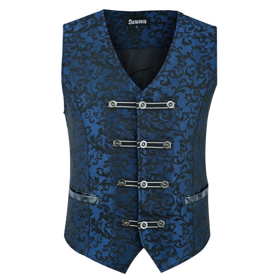 Premium Men's Vest Waistcoat Blue Damask Velvet Goth Steampunk VTG/Brocade Vest