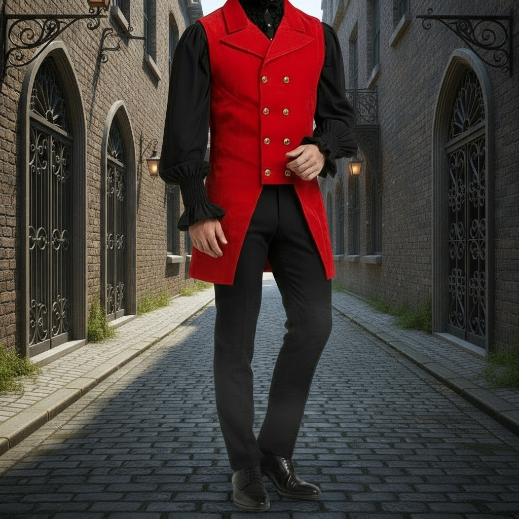Men's Double Breasted Governor Vest Waistcoat VTG Brocade Gothic Steampunk/Red Velvet