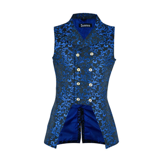 Men's Double Breasted Governor Vest Waistcoat Vtg Brocade Gothic Steampunk/Usa Blue Brocade