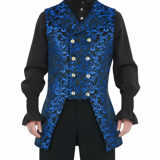 Men's Double Breasted Governor Vest Waistcoat Vtg Brocade Gothic Steampunk USA Blue Brocade