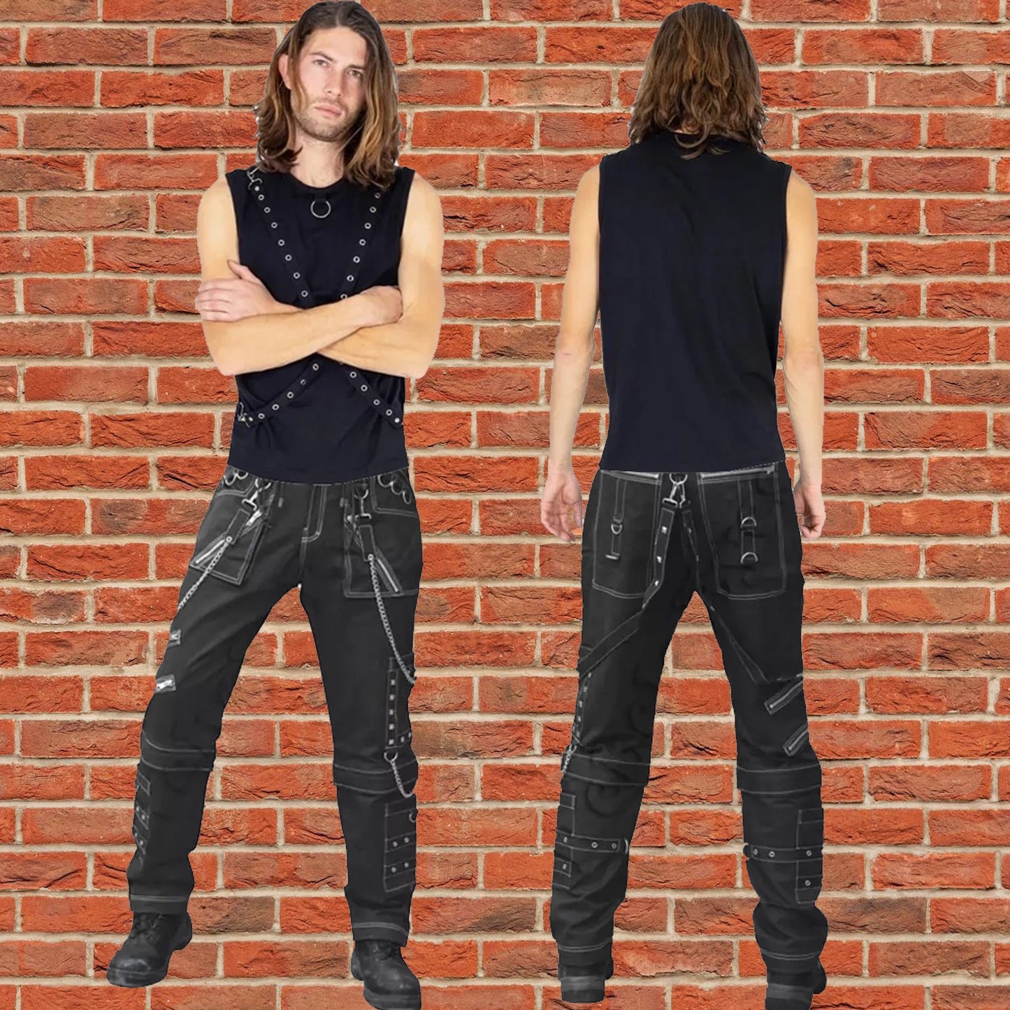 Men Gothic Black Pant Eyelets Cargo Bondage Trouser Punk Rock Pant