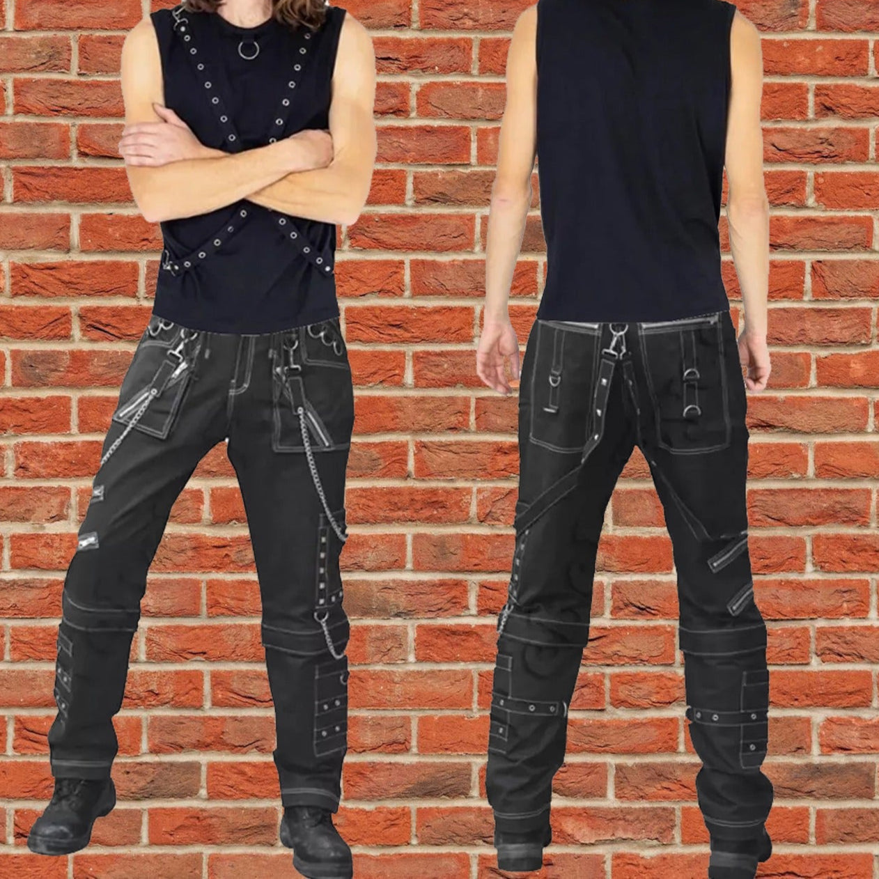 Men Gothic Black Pant Eyelets Cargo Bondage Trouser Punk Rock Pant