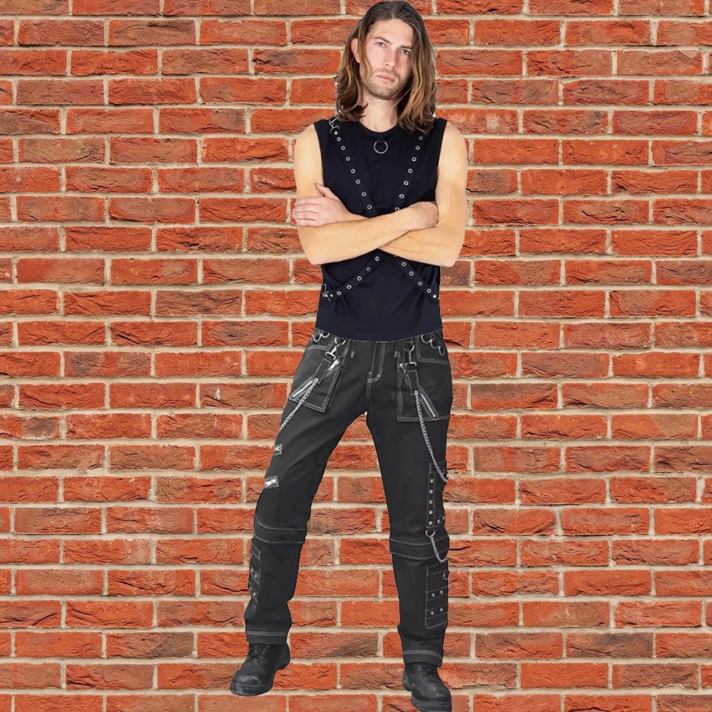 Men Gothic Black Pant Eyelets Cargo Bondage Trouser Punk Rock Pant