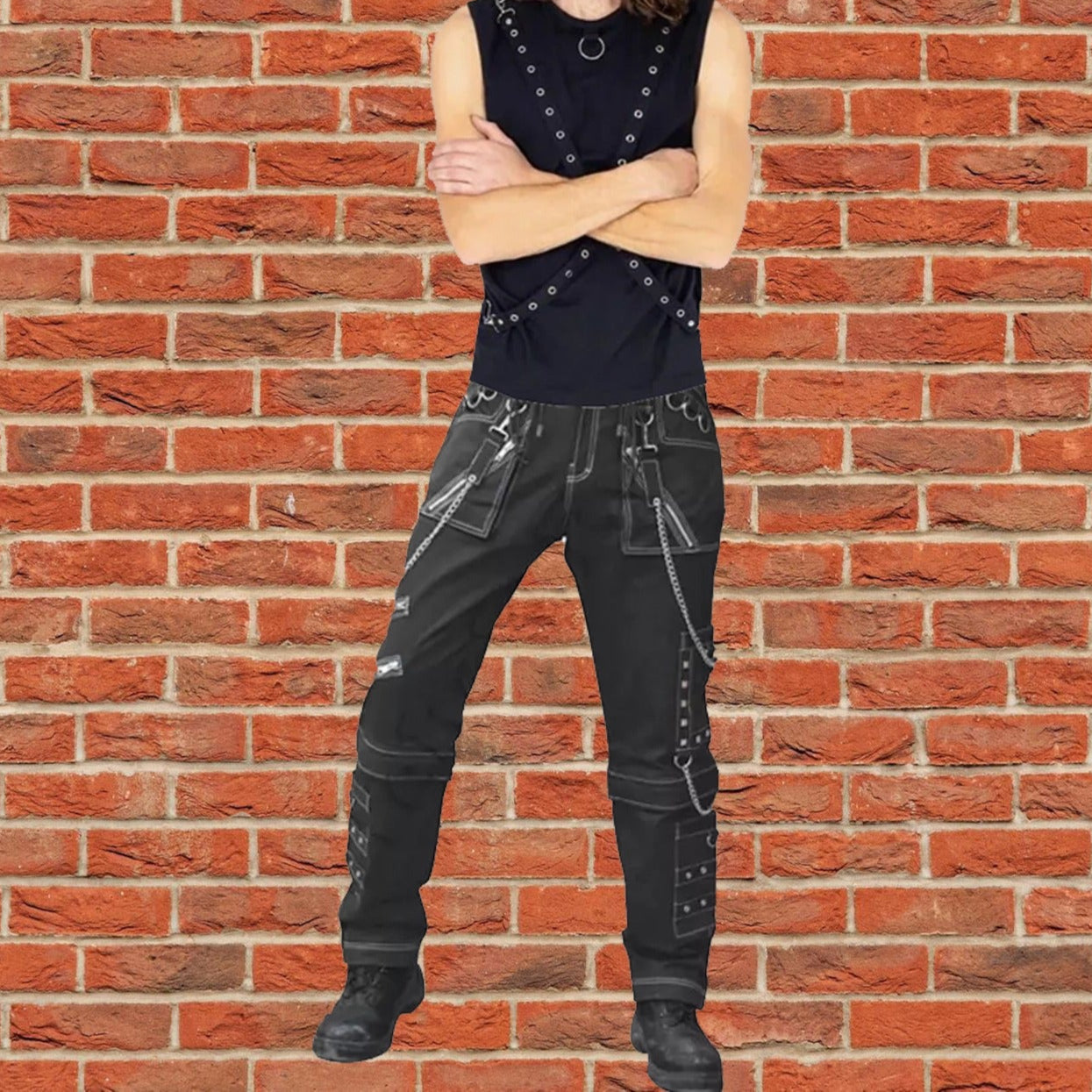 Men Gothic Black Pant Eyelets Cargo Bondage Trouser Punk Rock Pant