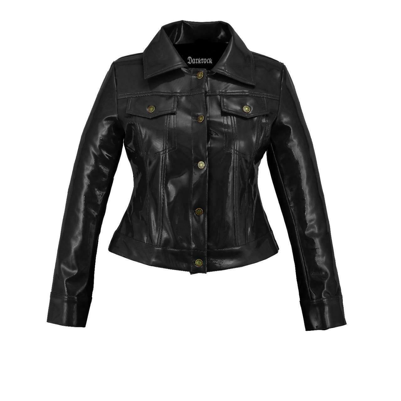 DarkRock Vinyl Trucker Jacket Black PVC Women's Shiny PVC Vinyl JacketUSA (1)
