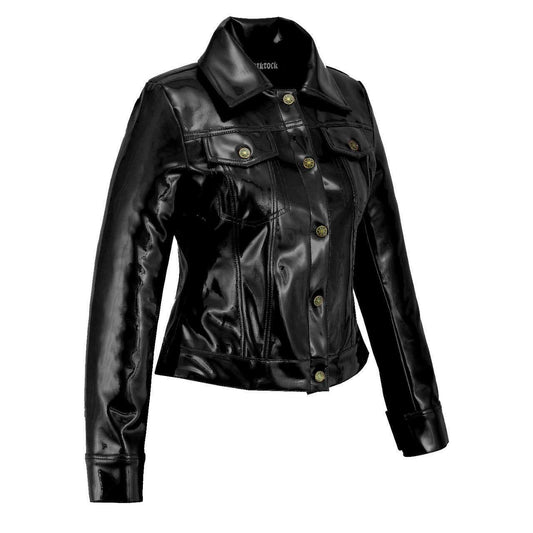 DarkRock Vinyl Trucker Jacket Black PVC Women's Shiny PVC Vinyl JacketUSA (2)