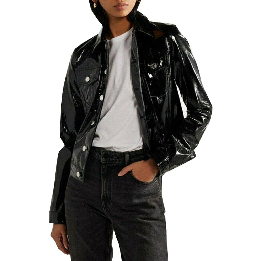 DarkRock Vinyl Trucker Jacket Black PVC Women's Shiny PVC Vinyl JacketUSA (4)