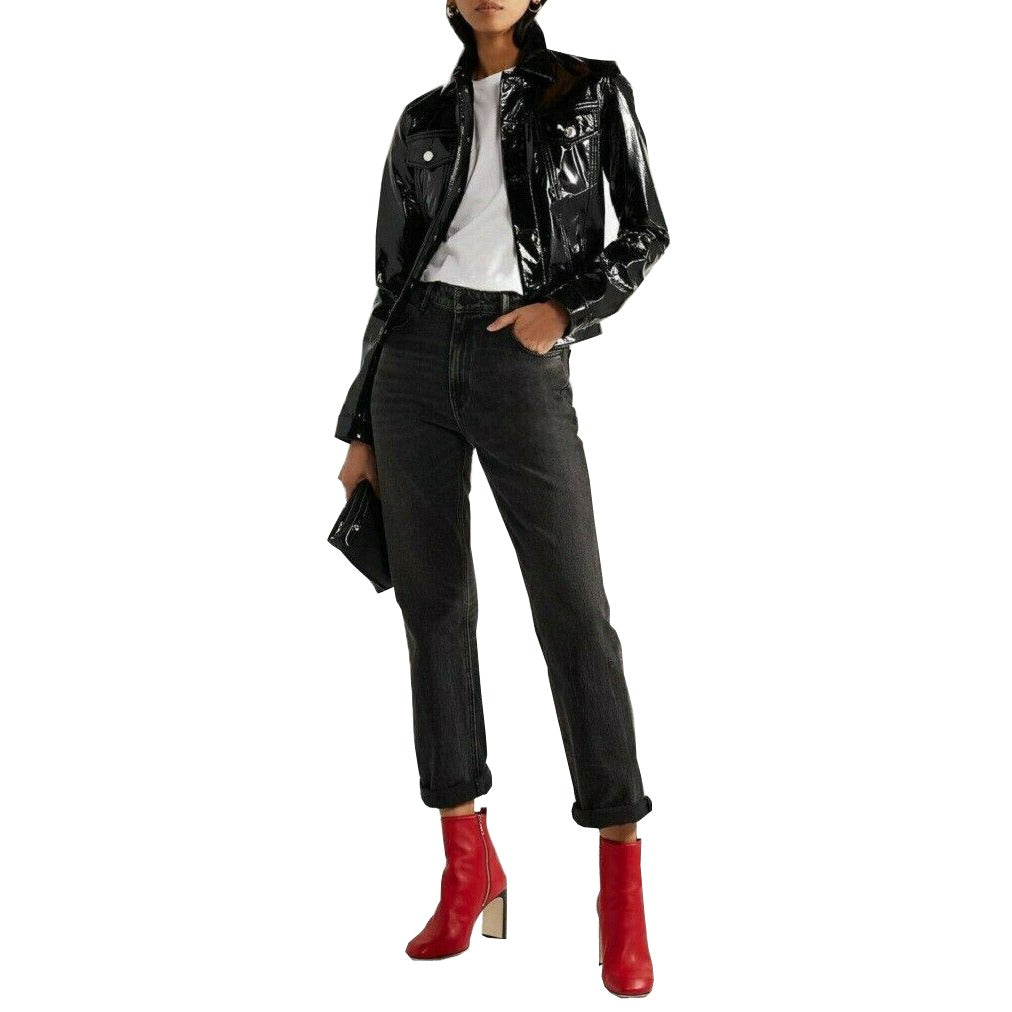 DarkRock Vinyl Trucker Jacket Black PVC Women's Shiny PVC Vinyl JacketUSA (5)