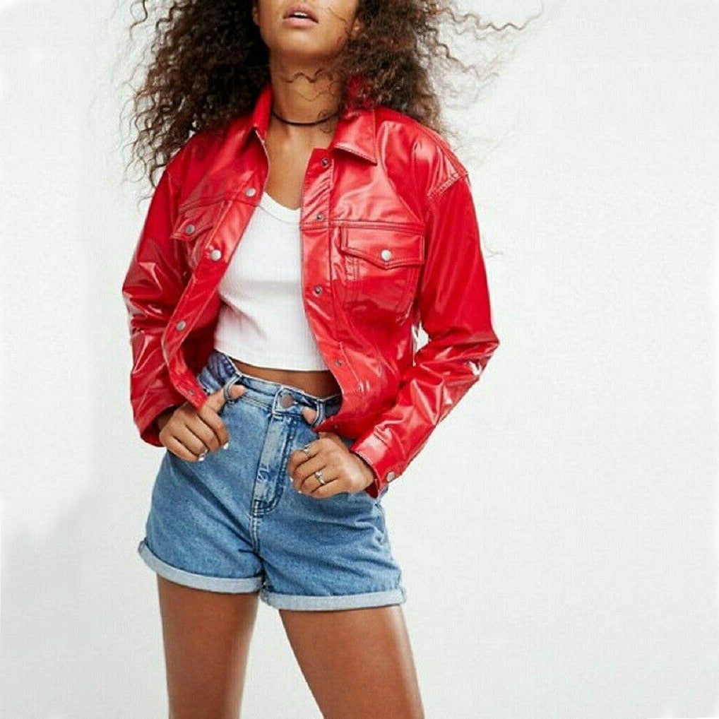 DarkRock Vinyl Trucker Jacket Red PVC Women's Shiny PVC Vinyl JacketUSA (3)