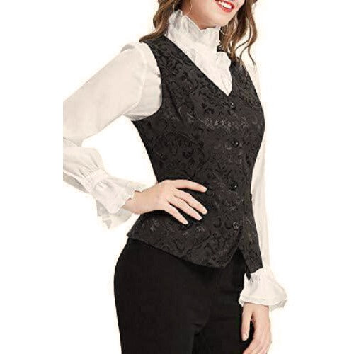 Women's Black Brocade Waistcoat Vest Vintage Steampunk Dress Jacquard Jacket