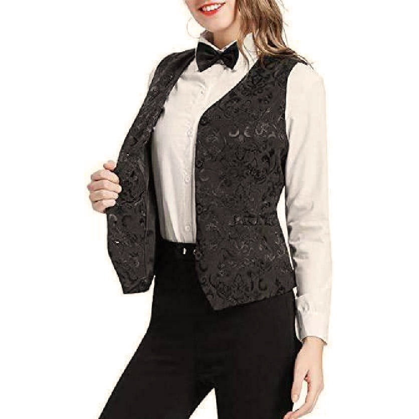 Women's Black Brocade Waistcoat Vest Vintage Steampunk Dress Jacquard Jacket