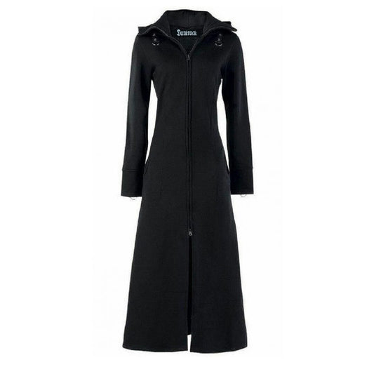 Women's Black Fleece Long Zip Up Hooded Raven Steampunk Coat/Jacket With Pockets