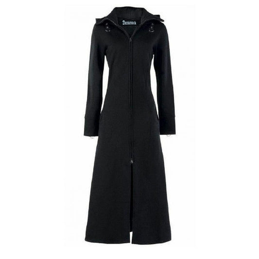 Women's Black Fleece Long Zip Up Hooded Raven Steampunk Coat/Jacket With Pockets