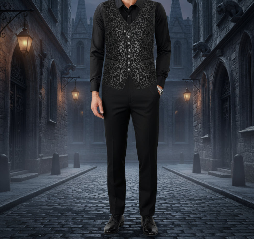 Men's Gothic Waistcoat Vest Black Paisley Velvet Steampunk Regency/Victorian Suit Vest Steampunk