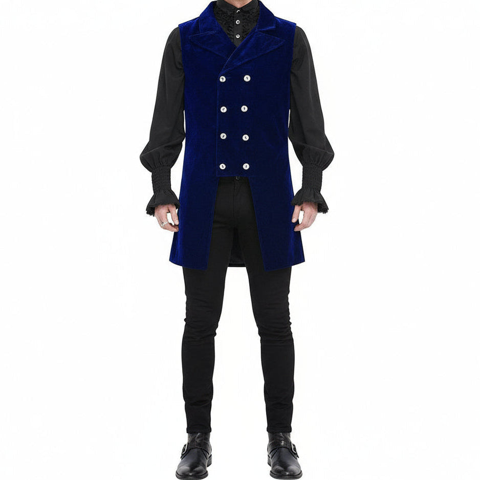 Men's Double Breasted Governor Vest Waistcoat VTG Brocade Gothic Steampunk/Blue Velvet