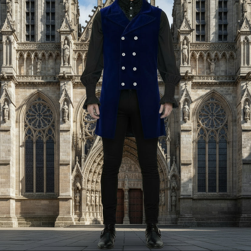 Men's Double Breasted Governor Vest Waistcoat VTG Brocade Gothic Steampunk/Blue Velvet