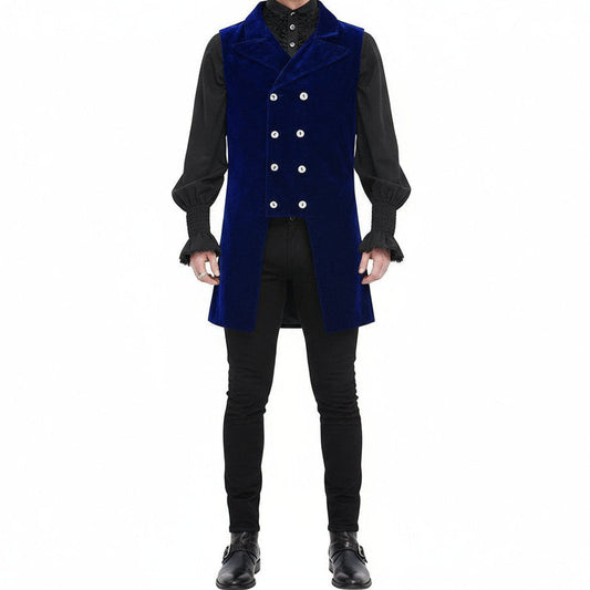 Men's Double Breasted Governor Vest Waistcoat VTG Brocade Gothic Steampunk/Blue Velvet