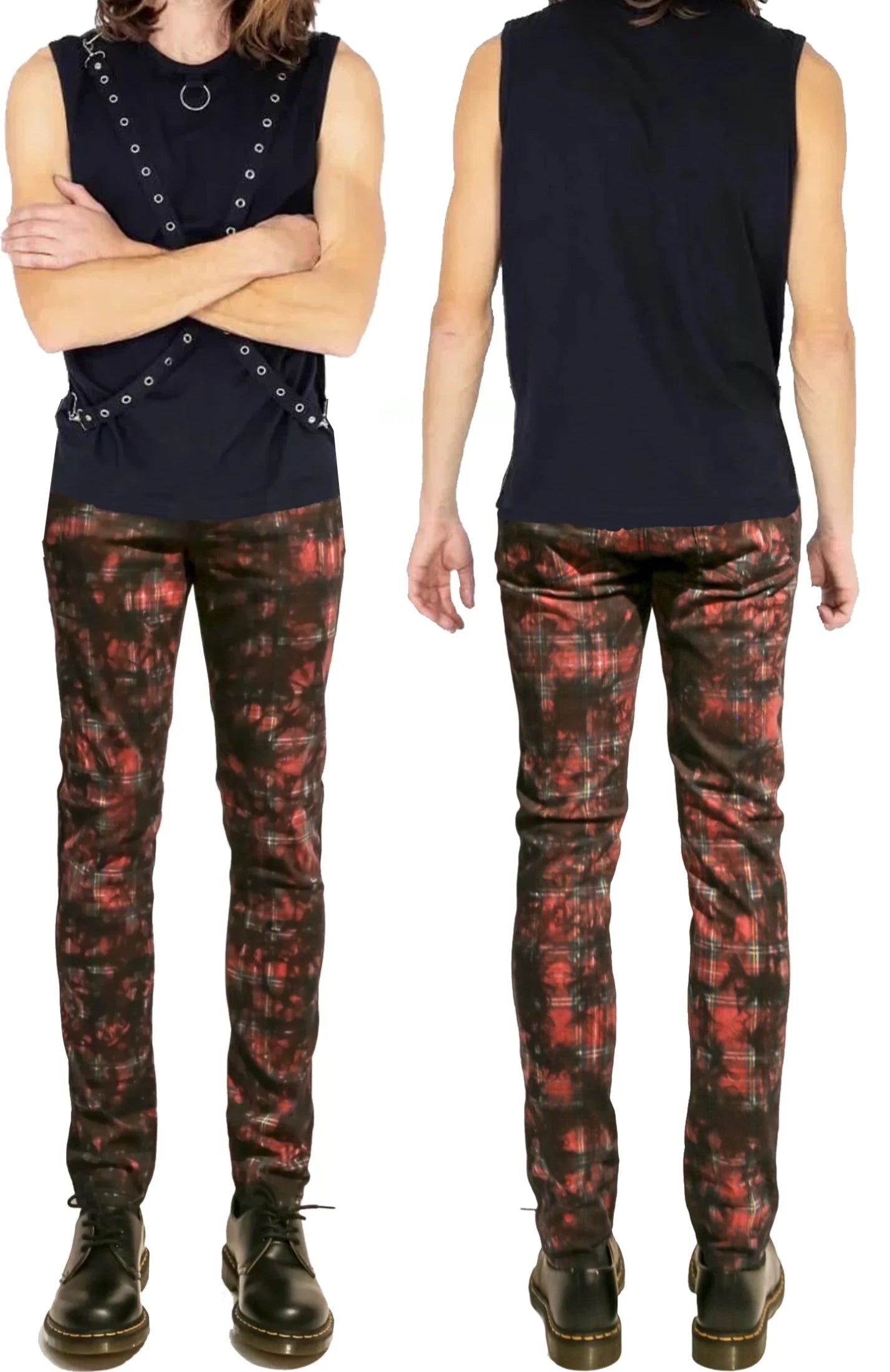 Gothic Red Tartan Plain Vintage Punk Buckle Zips Chain Strap Trousers Trip Pant