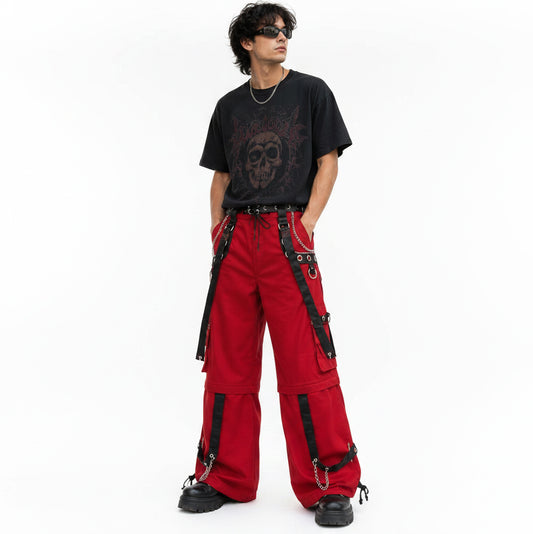 Gothic Men's Gothic Handmade Red Trouser Red Threads Black Straps Punk Rock Metal Chain Cyber/USA