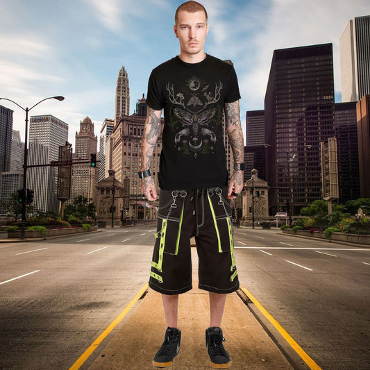 Gothic Men's Handmade Bondage 4 Pocket Shorts Punk Rock Black Yellow Gothic Yellow Stitch