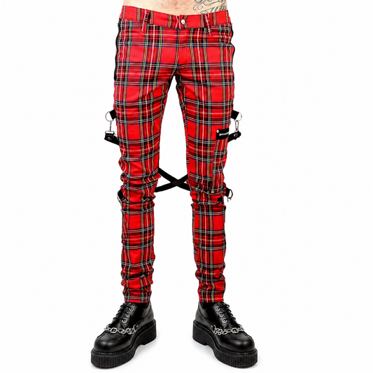 Gothic Bondage Red Plaid Men Pant Alternative Punk Rebel Rock Emo Trouser Pant