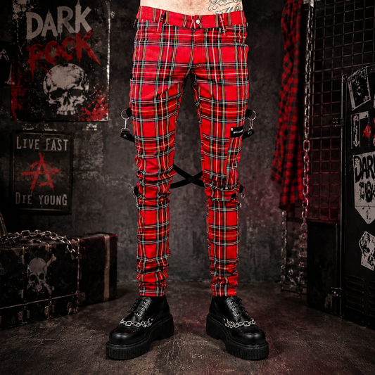 Gothic Bondage Red Plaid Men Pant Alternative Punk Rebel Rock Emo Trouser Pant
