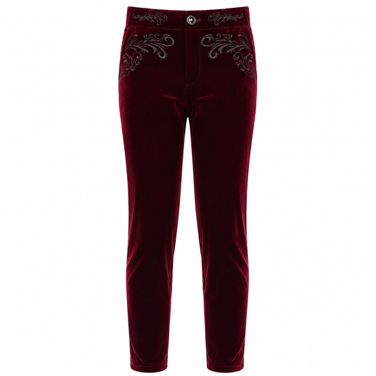 Men's Red Velvet Embroidery Gothic Regency Dress Pants /Velvet Pant