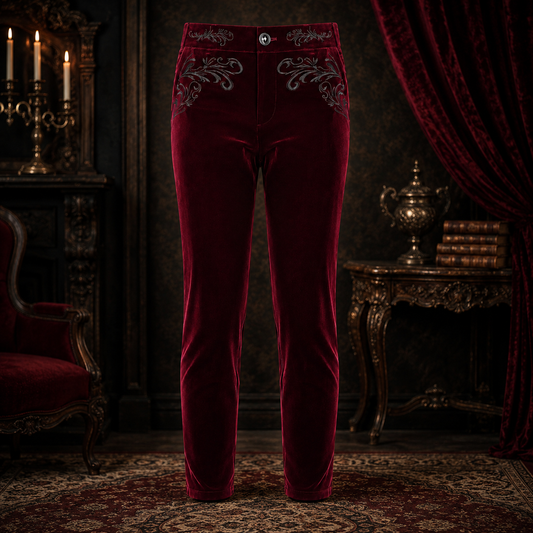 Men's Red Velvet Embroidery Gothic Regency Dress Pants /Velvet Pant