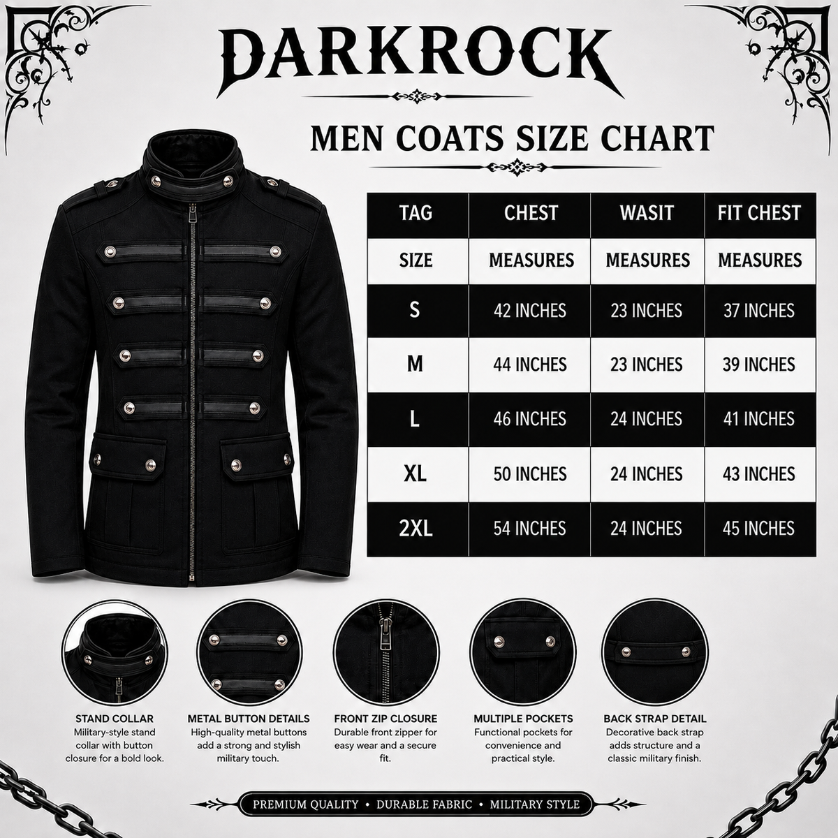 Gothic Military Band Black Jacket For Men Vintage Goth Coat Jacket Steampunk