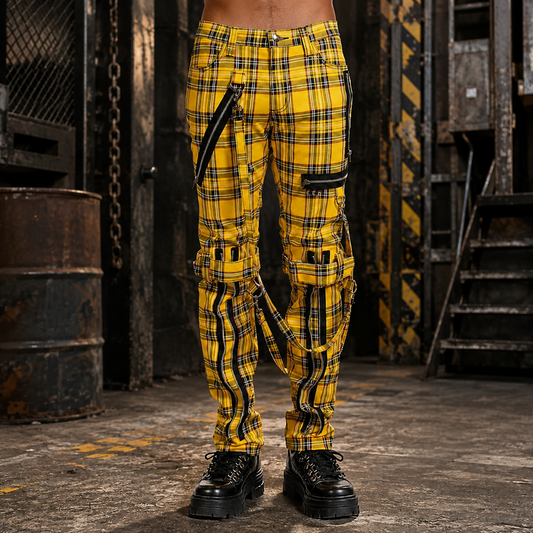 Men Bondage Straps Punk Yellow Plaid Jeans Pant Alternative Rebel Rock Emo Pant USA