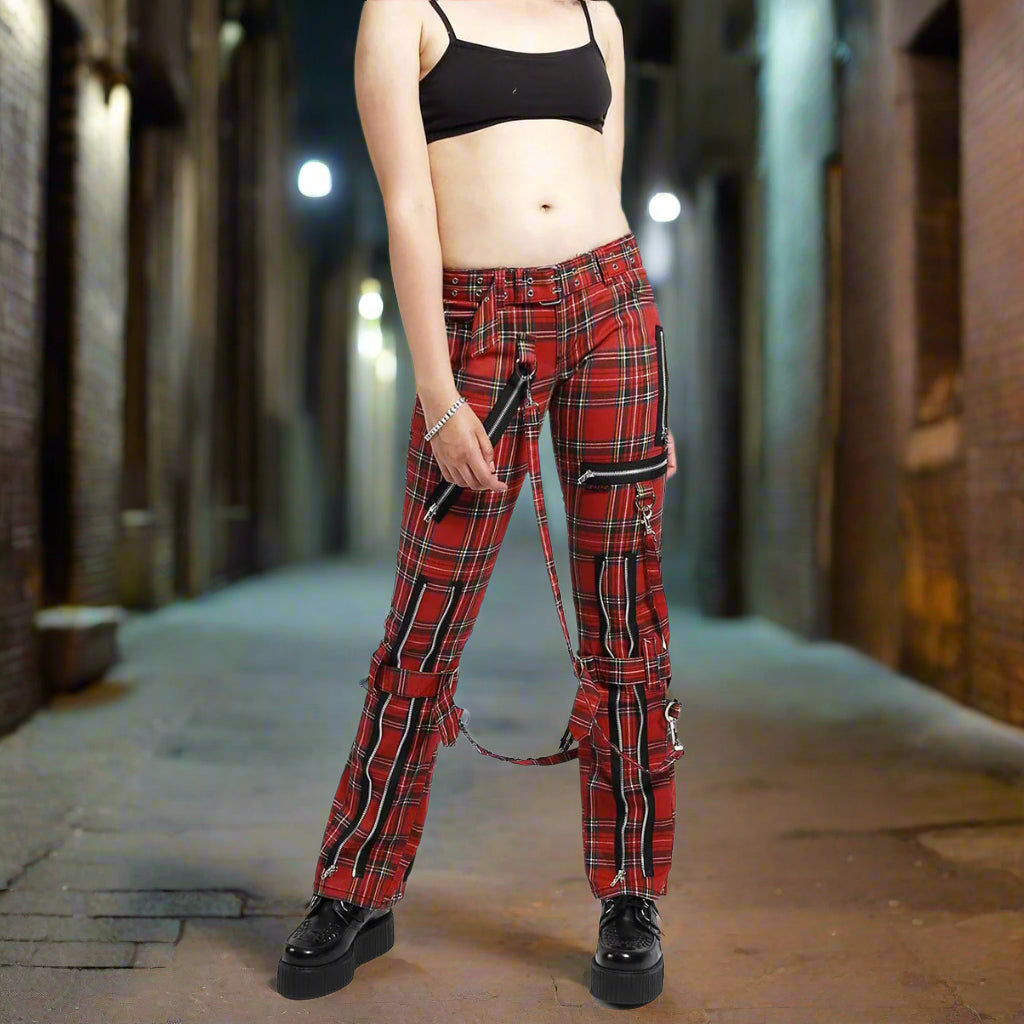Women's Gothic Bondage Pant Rock Hard Trouser Plaid Red Jeans Pant Alternative Rebel Rock EMO Pants