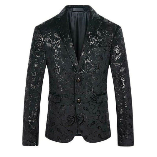 Mens Black Floral Brocade Print Fitted Blazer Designer Suit Jacket (1)
