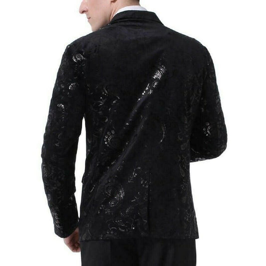 Mens Black Floral Brocade Print Fitted Blazer Designer Suit Jacket (3)