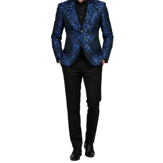 Men's Blue Brocade Floral Suit Notched Lapel Slim Fit Stylish Blazer