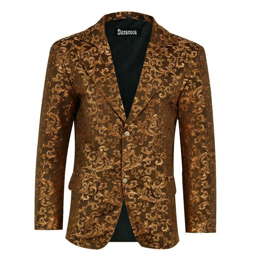 Men's Gold Brocade Floral Suit Notched Lapel Slim Fit Stylish Blazer Dress Suit (2)