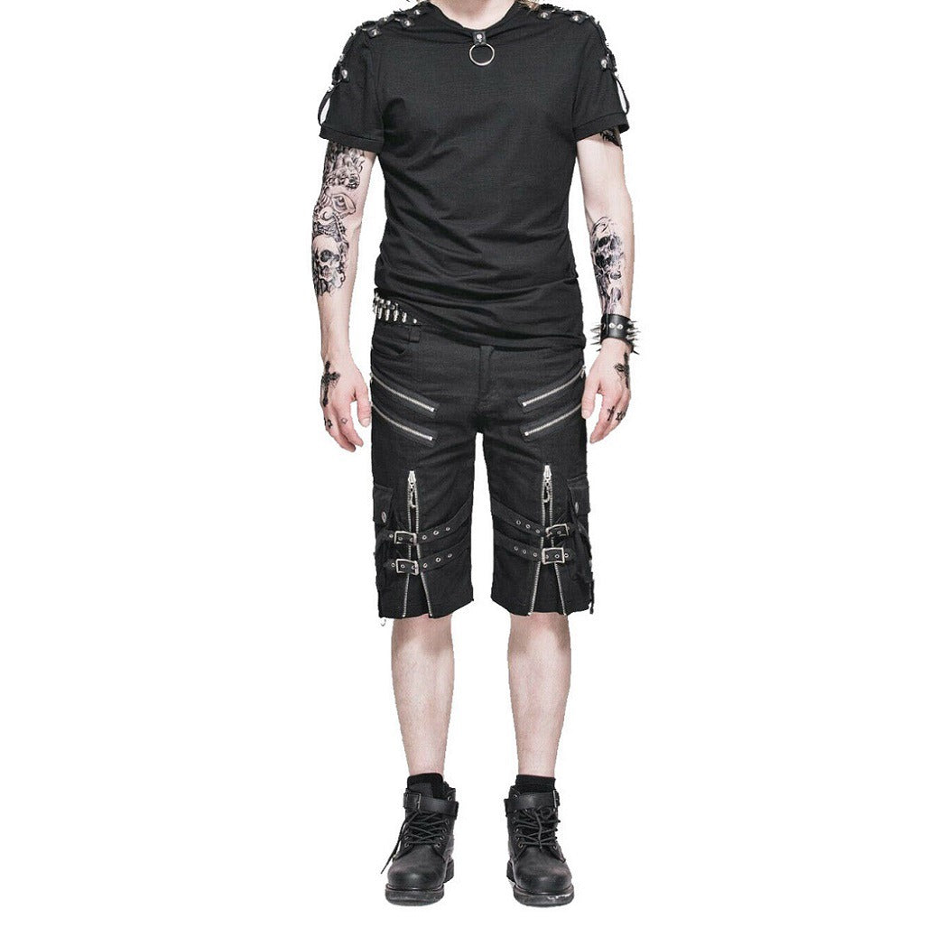 Men's Steampunk Casual Shorts Black Belt Rock Zipper Gothic Summer Short Pants (2)