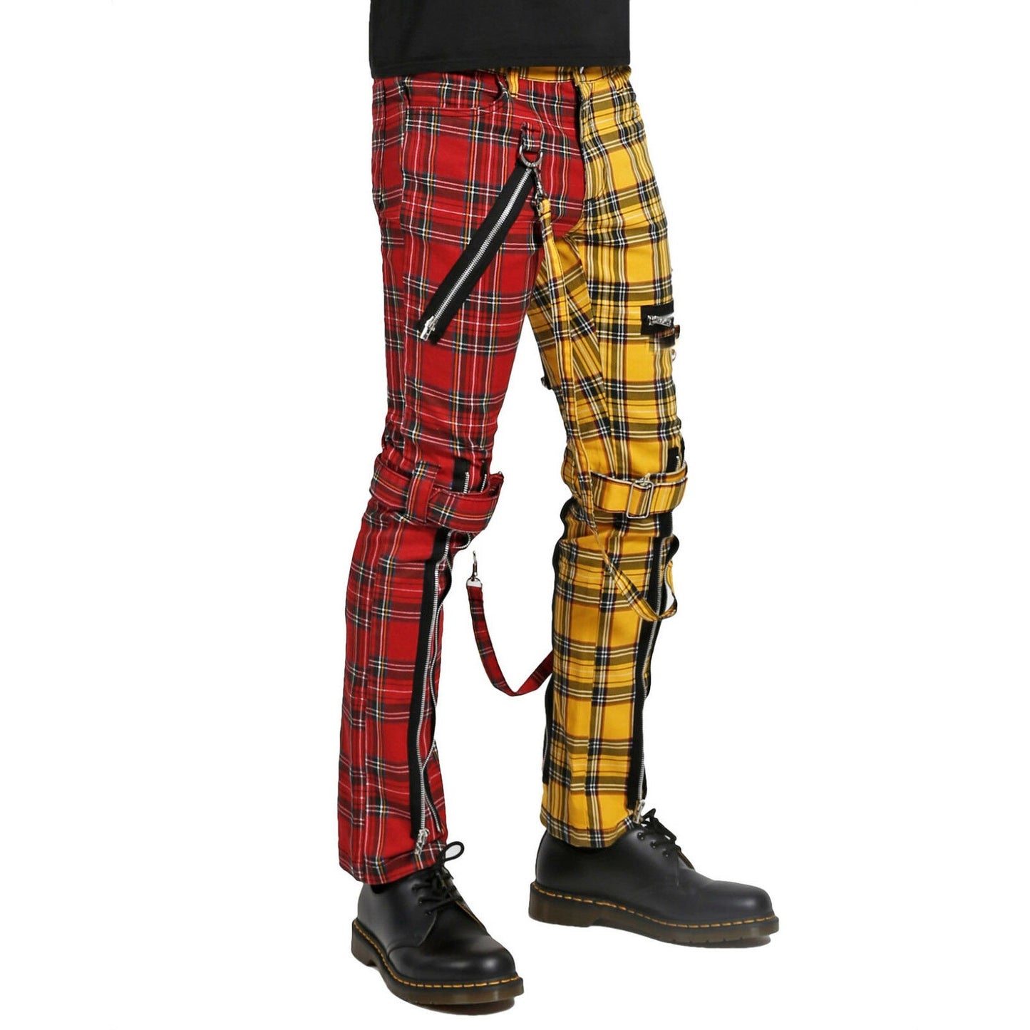 Men Bondage Straps Punk Split Leg Plaid Jeans Pant Alternative Rebel Rock EMO