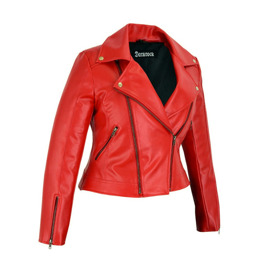 Prime Quality Women Red Slim Fit Biker Style Moto Faux Leather Jacket (1)