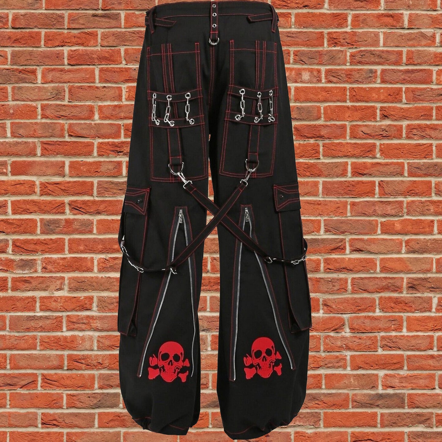 Gothic Mens Black Bondage Red Back Skull Punk Rock Pants