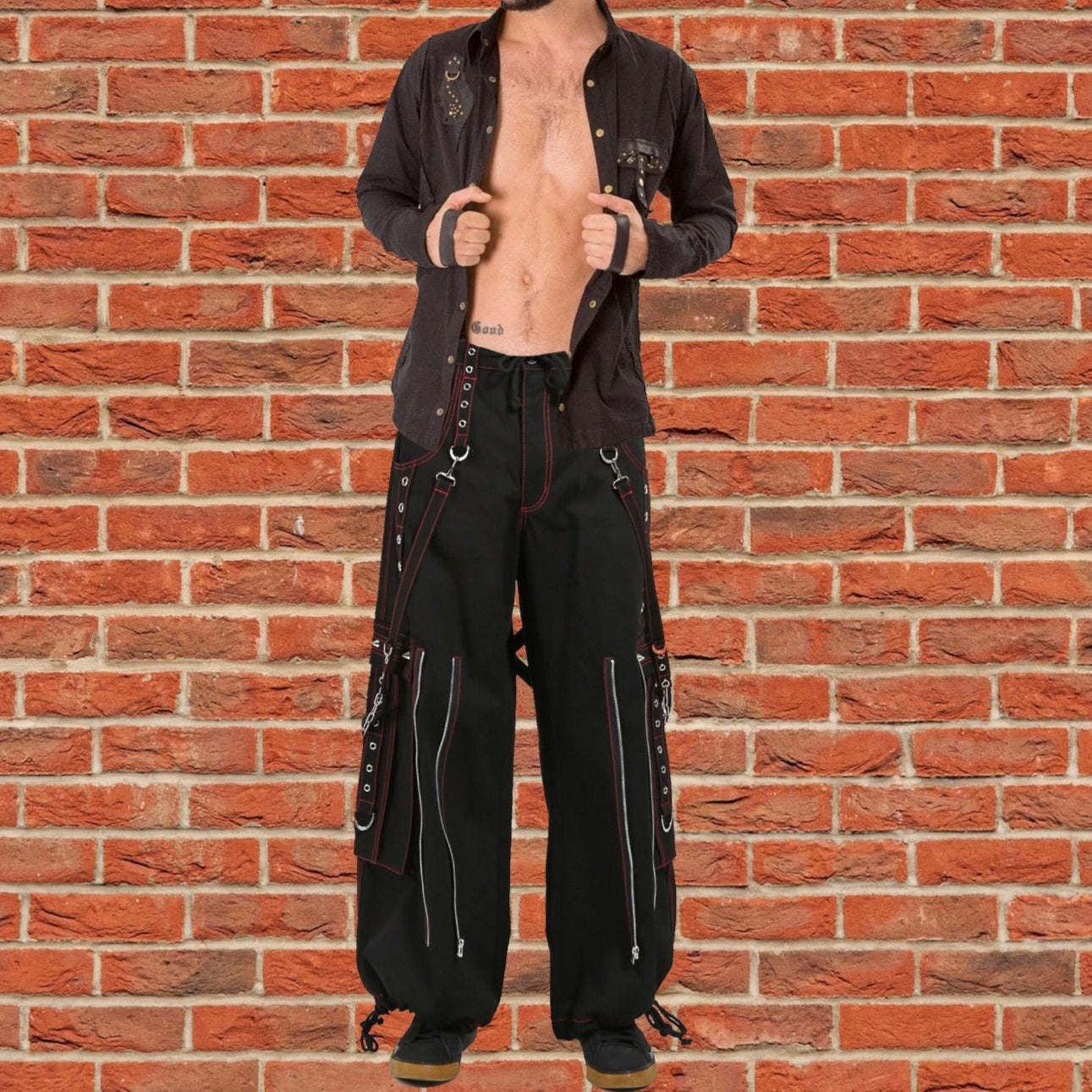 Gothic Mens Black Bondage Red Back Skull Punk Rock Pants