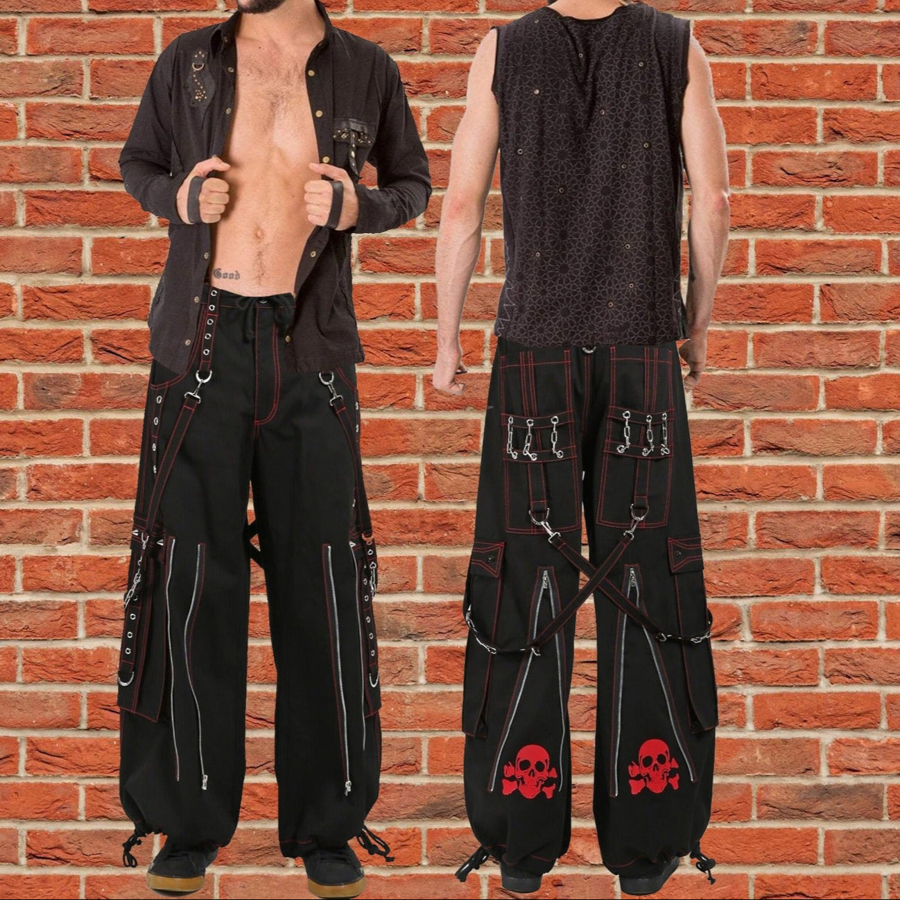 Gothic Mens Black Bondage Red Back Skull Punk Rock Pants